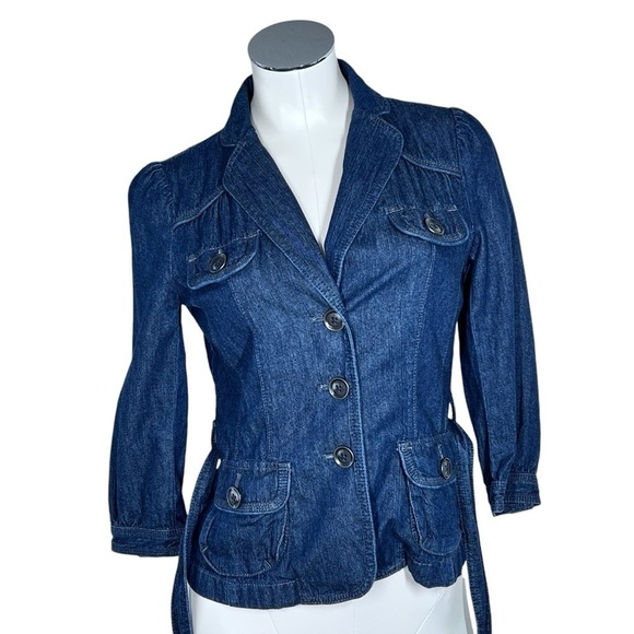 ANN TAYLOR LOFT Dark Denim Jacket Button-up 3/4 Sleeves with Belt Tie Women's SP - Picture 5 of 16